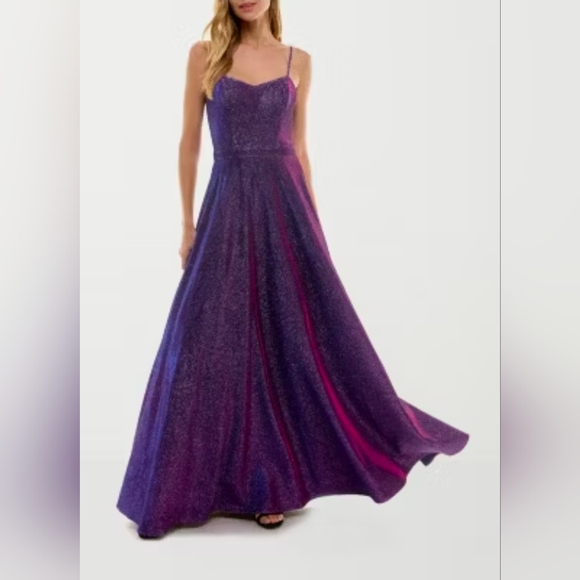 city triangles long purple dress City Triangles Formal Dress Long Purple Halter Sequin Strapless Ruffled Size 3